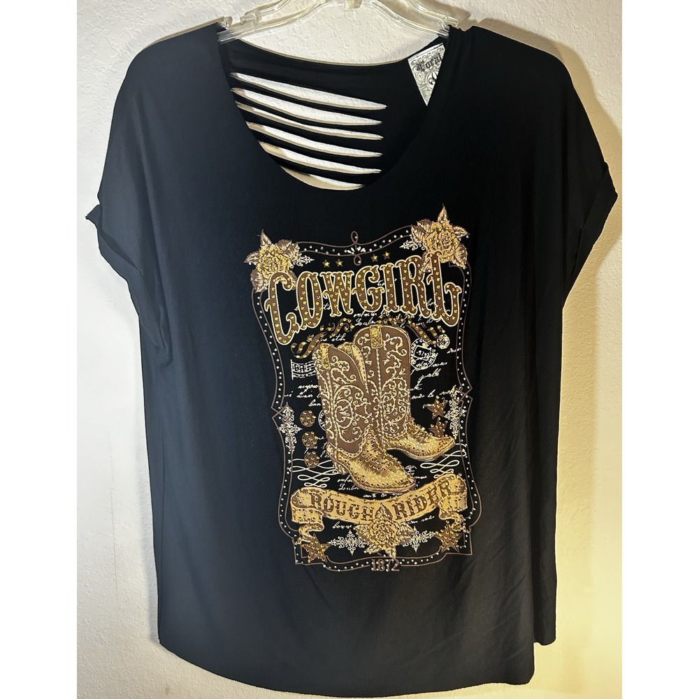 Vocal Apparel Black Rhinestone Cowgirl Rough Rider Laser Cut Slashed Tunic Shirt